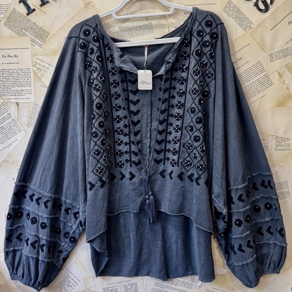 Free People Savannah Embroidered Top Balloon Sleeves Slouchy Wash Black - Picture 4 of 5